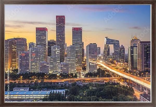 Постер Китай, Пекин.  Закат над Деловым районом с типом исполнения На холсте в раме в багетной раме 221-02