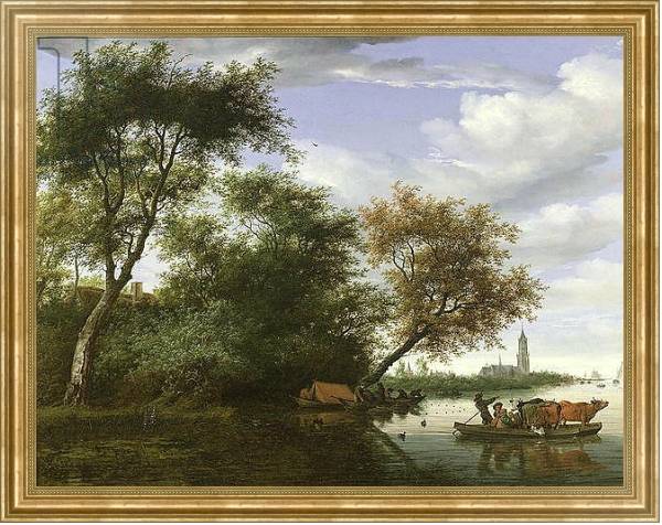 Постер Wooded river landscape with figures and cattle on a ferryboat с типом исполнения На холсте в раме в багетной раме NA033.1.051