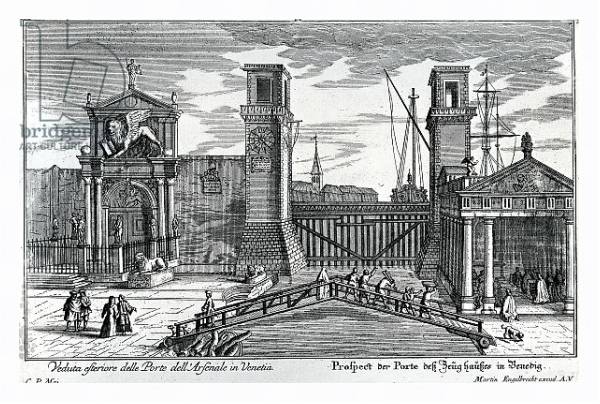 Постер View of the gates at the entrance to the Arsenal in Venice, published by Martin Engelbrecht, c.1740s с типом исполнения На холсте в раме в багетной раме 221-03