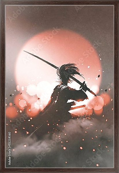 Постер Самурай с мечом, стоящего на фоне заката с типом исполнения На холсте в раме в багетной раме 221-02