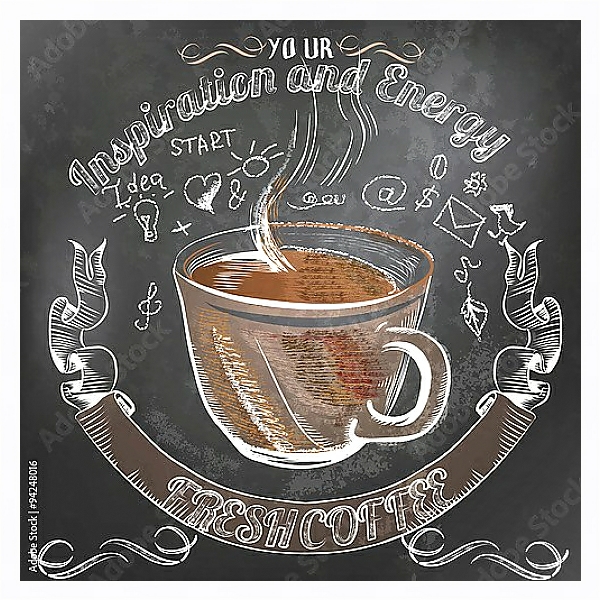 Постер Кофейный плакат мелом с чашкой кофе с типом исполнения На холсте в раме в багетной раме 221-03
