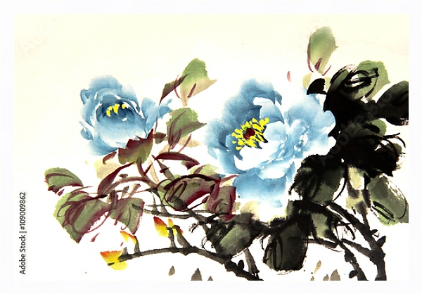 Постер Китайские голубые пионы с типом исполнения На холсте в раме в багетной раме 221-03