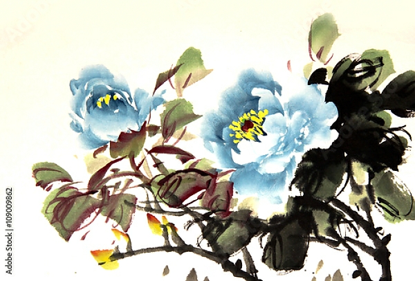 Постер Китайские голубые пионы с типом исполнения На холсте без рамы