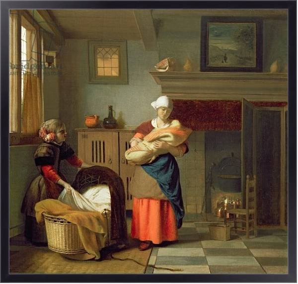 Постер Nursemaid with baby in an interior and a young girl preparing the cradle с типом исполнения На холсте в раме в багетной раме 221-01