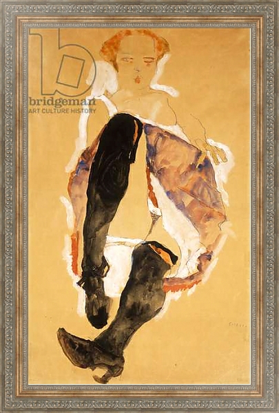 Постер Seated woman with Black Stockings; Sitzendes Madchen mit Schwarzen Strumpfen, 1911 с типом исполнения На холсте в раме в багетной раме 484.M48.310