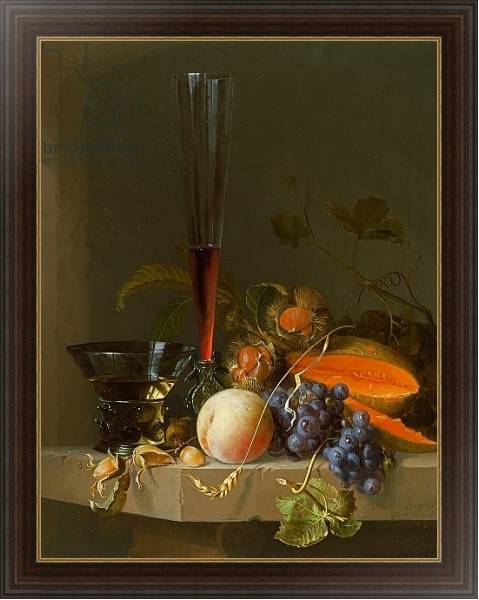 Постер Still life of fruit on a ledge with a roemer and a wine glass с типом исполнения На холсте в раме в багетной раме 1.023.151