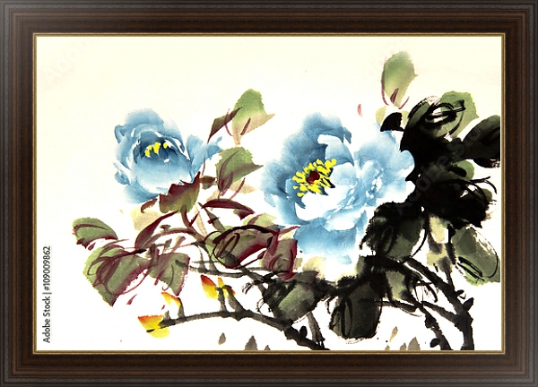 Постер Китайские голубые пионы с типом исполнения На холсте в раме в багетной раме 1.023.151