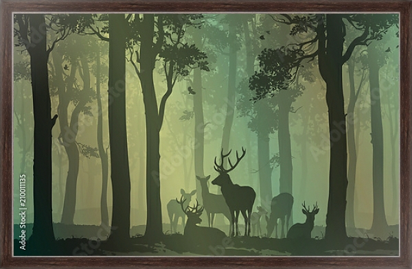 Постер Силуэты оленей в зеленом лесу с типом исполнения На холсте в раме в багетной раме 221-02