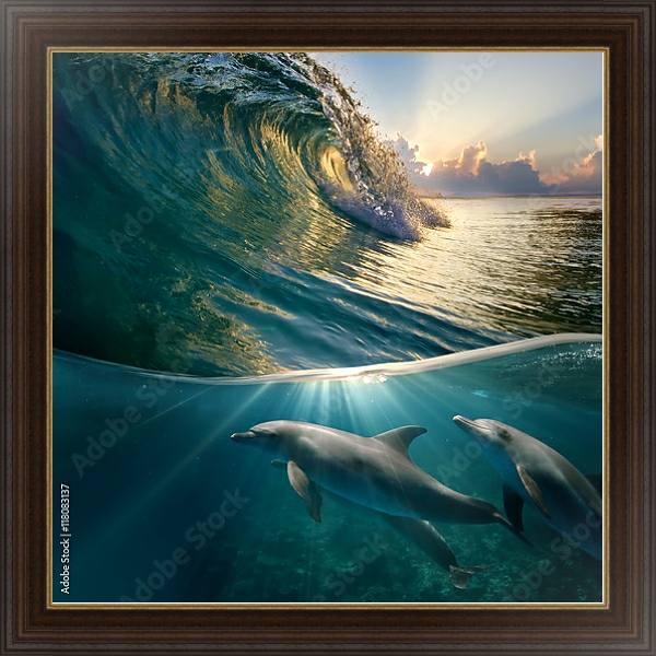 Постер Стайка дельфинов под волной с типом исполнения На холсте в раме в багетной раме 1.023.151