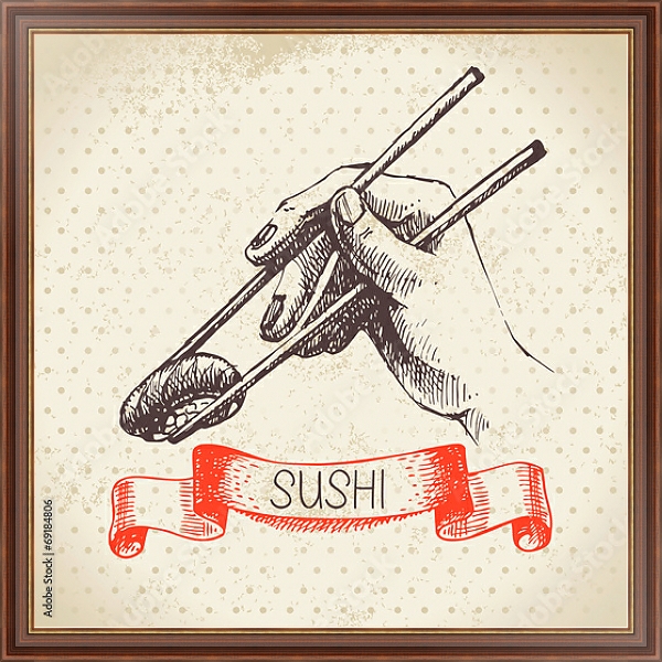 Постер Иллюстрация с суши в руке с типом исполнения На холсте в раме в багетной раме 35-M719P-83