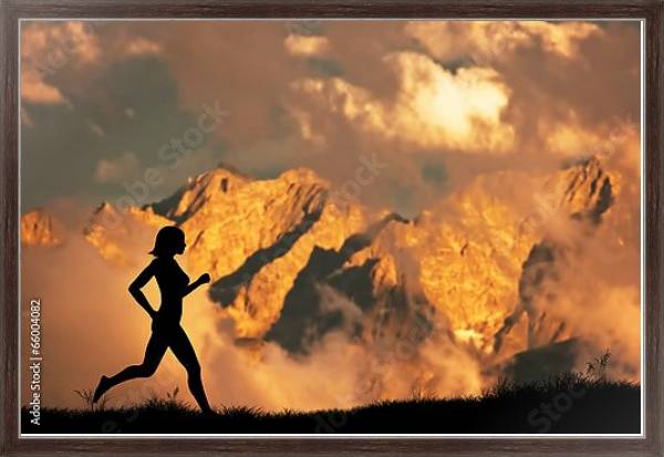 Постер Силуэт бегущего человека на фоне гор с типом исполнения На холсте в раме в багетной раме 221-02