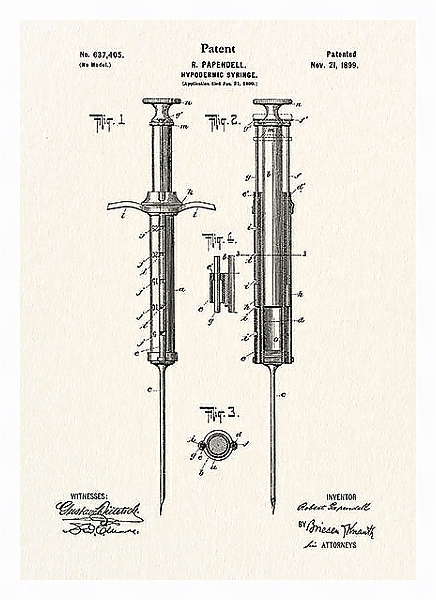 Постер Патент на шприц для подкожных инъекций, 1899г с типом исполнения На холсте в раме в багетной раме 221-03