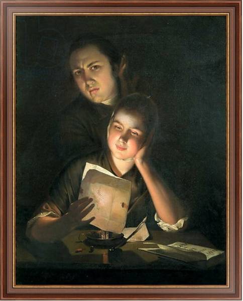Постер A Girl reading a letter by Candlelight, with a Young Man peering over her shoulder, c.1760-2 с типом исполнения На холсте в раме в багетной раме 35-M719P-83