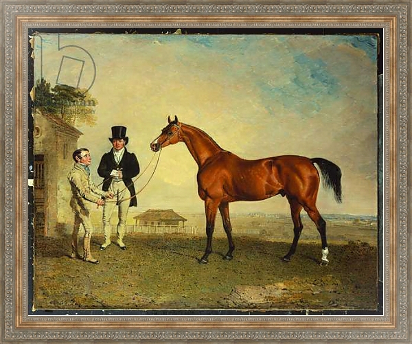 Постер 'Skiff', a bay Racehorse held by a Groom on Newmarket Heath, with John Howe, the owner of the Stables, at his side, 1829 с типом исполнения На холсте в раме в багетной раме 484.M48.310