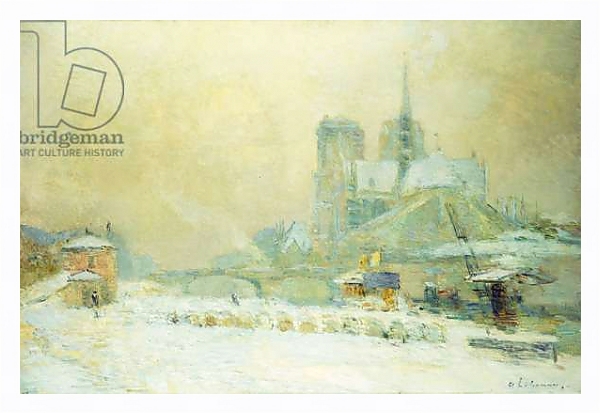 Постер View of Notre Dame, Paris, from the Quai de la Tournelle: Snow Effect; Notre Dame de Paris, Vue du Quai de la Tournelle, Effet de Neige, с типом исполнения На холсте в раме в багетной раме 221-03