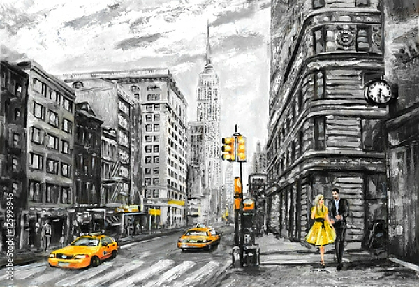 Постер Улица Нью-Йорка в серых и желтых тонах с типом исполнения На холсте без рамы