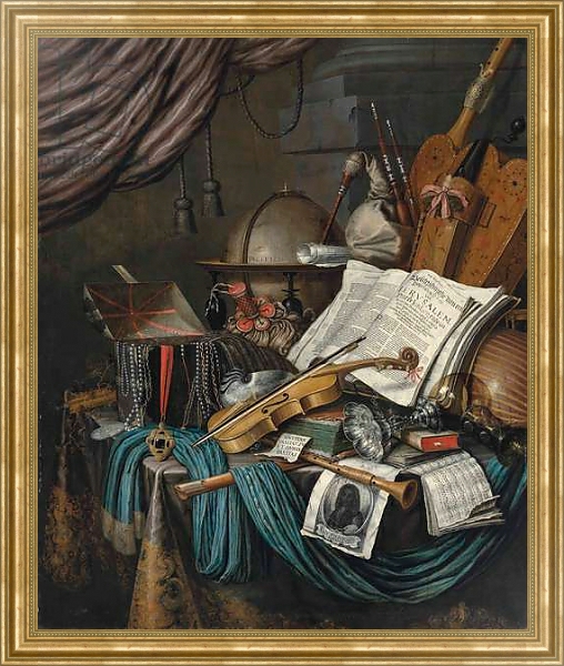 Постер A globe, a casket of jewels and medallions, books, a hurdy-gurdy, a bagpipe, a lute, a violin, an upturned silver tazza and roemer, a nautilus shell, a recorder, a shawm, a print with a self-portrait of the artist and a musical score on a draped table, a с типом исполнения На холсте в раме в багетной раме NA033.1.051