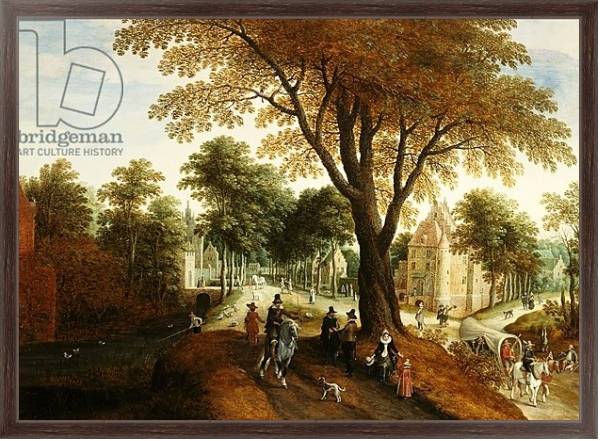 Постер Elegant Horsemen and figures on a path in front of a chateau с типом исполнения На холсте в раме в багетной раме 221-02