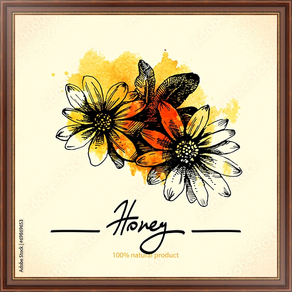 Постер Медовые цветы с желтой кляксой с типом исполнения На холсте в раме в багетной раме 35-M719P-83