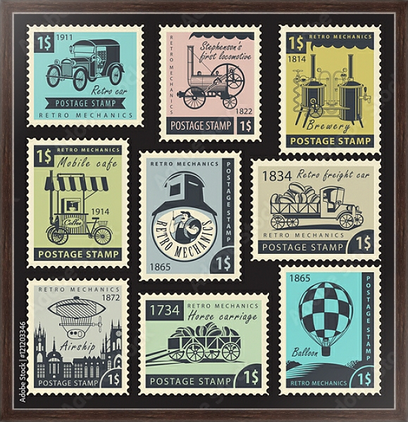 Постер Набор марок на тему ретро-механики с типом исполнения На холсте в раме в багетной раме 221-02