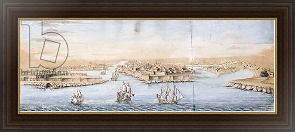Постер A Bird's Eye View of Valetta from the Sea, with Men-o-War entering the Harbour, с типом исполнения На холсте в раме в багетной раме 1.023.151