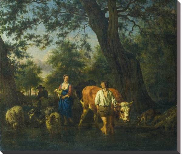 Постер Крестьяне со скотом переходям ручей с типом исполнения На холсте без рамы