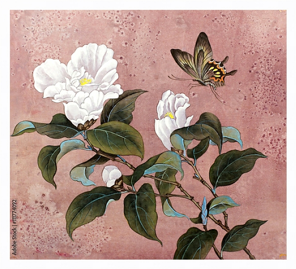 Постер Цветок азалии и бабочка с типом исполнения На холсте в раме в багетной раме 221-03