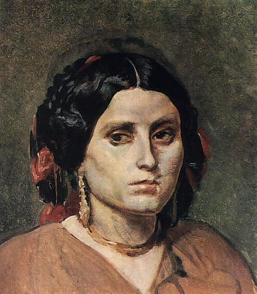 Постер Голова молодой женщины с серьгами и ожерельем. с типом исполнения На холсте без рамы
