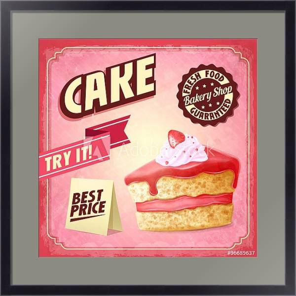 Постер Ретро плакат с кусочком клубничного торта с типом исполнения Под стеклом в багетной раме 221-01
