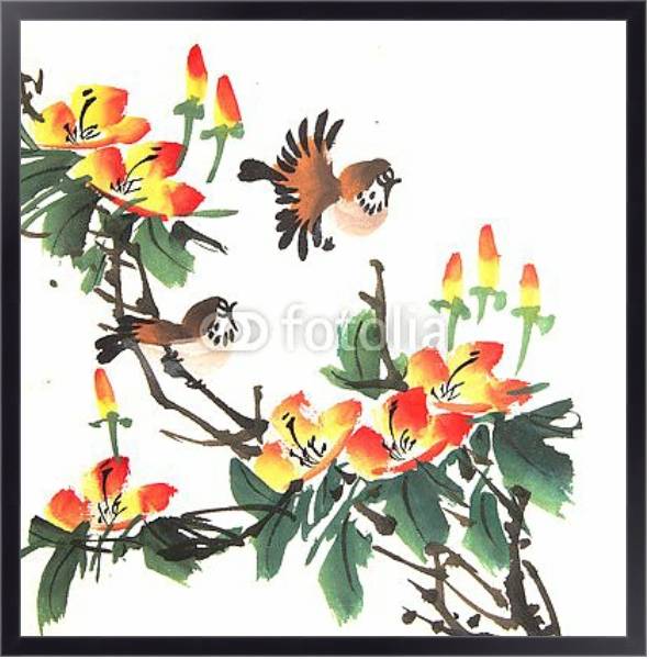 Постер Китайские птички на цветущем кусте с типом исполнения На холсте в раме в багетной раме 221-01