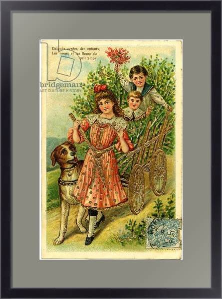 Постер Postcard, please accept, children's wishes and spring flowers с типом исполнения Под стеклом в багетной раме 221-01