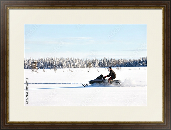 Постер Человек на спортивном снегоходе в финской Лапландии в солнечный день с типом исполнения Под стеклом в багетной раме 1.023.036
