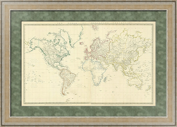 Постер Карта мира в проекции Меркатора, 1843 г. 1 с типом исполнения Акварель в раме в багетной раме 485.M40.584
