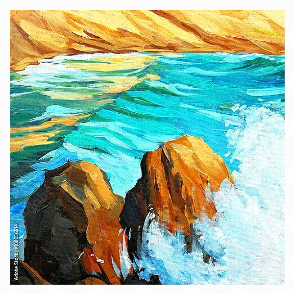 Постер Морской пейзаж с волнами и скалами  с типом исполнения На холсте в раме в багетной раме 221-03