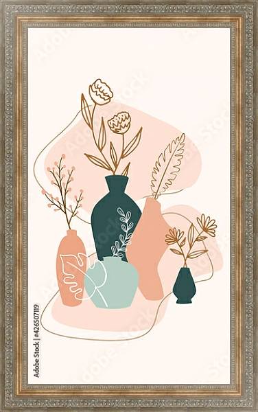 Постер Композиция с листьями растений и цветов и абстрактными вазами 2 с типом исполнения На холсте в раме в багетной раме 484.M48.310