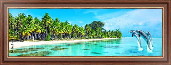 Постер Дельфины у тропических берегов  с типом исполнения На холсте в раме в багетной раме 35-M719P-83