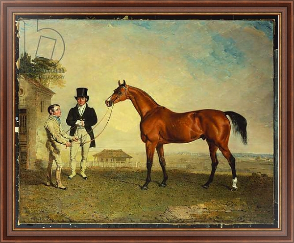 Постер 'Skiff', a bay Racehorse held by a Groom on Newmarket Heath, with John Howe, the owner of the Stables, at his side, 1829 с типом исполнения На холсте в раме в багетной раме 35-M719P-83