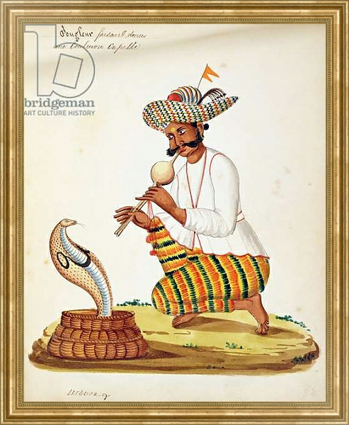 Постер An Indian Snake Charmer with a Cobra, from a French album of drawings с типом исполнения На холсте в раме в багетной раме NA033.1.051