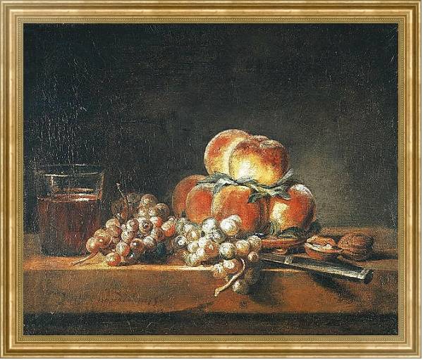 Постер Still Life of Peaches, Nuts, Grapes and a Glass of Wine, 1758 с типом исполнения На холсте в раме в багетной раме NA033.1.051