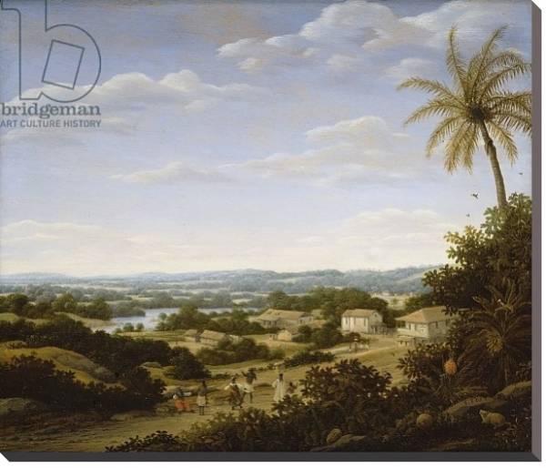 Постер Brazilian landscape with natives on a road approaching a village, 1665 с типом исполнения На холсте без рамы