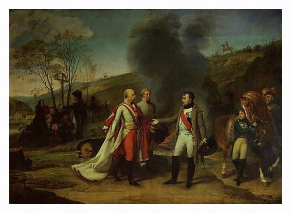 Постер Meeting between Napoleon I and Francis I after the Battle of Austerlitz, 4th December 1805 с типом исполнения На холсте в раме в багетной раме 221-03