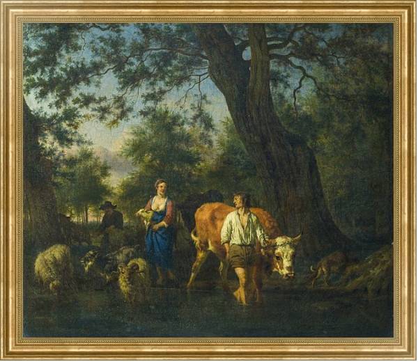 Постер Крестьяне со скотом переходям ручей с типом исполнения На холсте в раме в багетной раме NA033.1.051