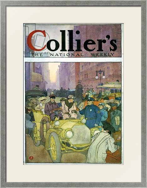 Постер Automobile in crowded street. Watercolour by Edward Penfield, 1866-1925, artist, 1907. с типом исполнения Под стеклом в багетной раме 1727.2510