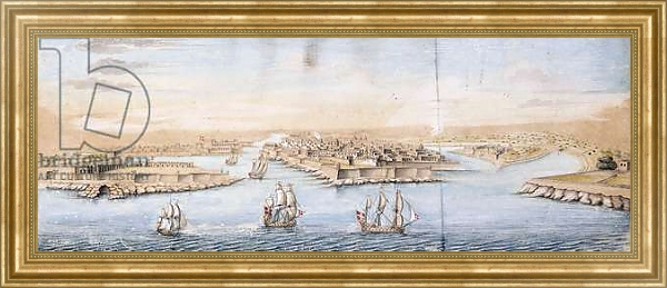Постер A Bird's Eye View of Valetta from the Sea, with Men-o-War entering the Harbour, с типом исполнения На холсте в раме в багетной раме NA033.1.051