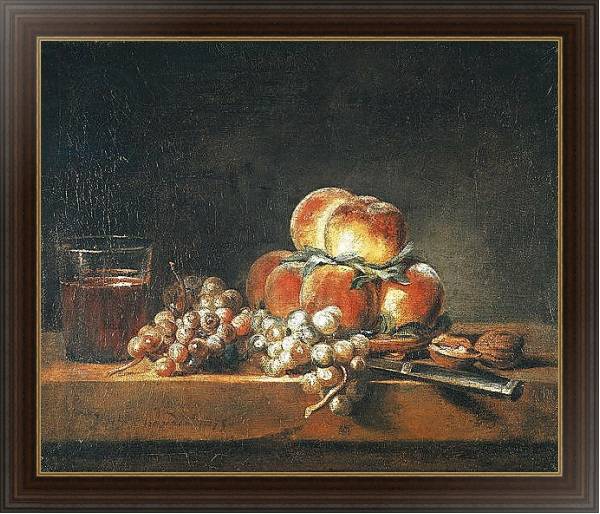 Постер Still Life of Peaches, Nuts, Grapes and a Glass of Wine, 1758 с типом исполнения На холсте в раме в багетной раме 1.023.151