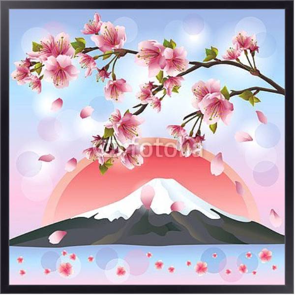 Постер Японский пейзаж с горами и сакурой с типом исполнения На холсте в раме в багетной раме 221-01