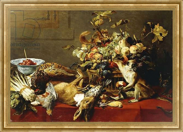Постер A Basket of Fruit on a Draped Table with Dead Game and a Monkey, с типом исполнения На холсте в раме в багетной раме NA033.1.051