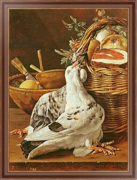 Постер Still Life with pigeons, wicker basket, ham, onions and a lemon с типом исполнения На холсте в раме в багетной раме 35-M719P-83