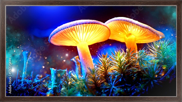 Постер Два светящихся гриба в загадочном темном лесу с типом исполнения На холсте в раме в багетной раме 221-02
