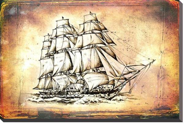 Постер Античный корабль в море, рисунок ручной работы с типом исполнения На холсте без рамы